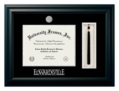 Southern Illinois University Edwardsville Diploma with Tassel Box Frame in Satin Black with Black & Silver Mats for  8 1/2"h x 11"w  