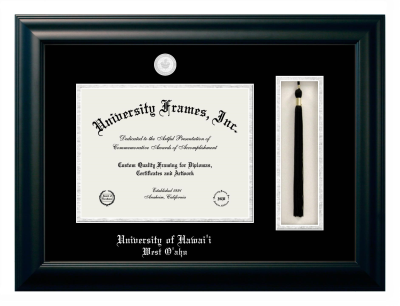 University of Hawaii - West Oahu Diploma with Tassel Box Frame in Satin Black with Black & Silver Mats for document: 8 1/2"h x 11"w  