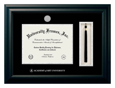 Academy of Art University Diploma with Tassel Box Frame in Satin Black with Black & Silver Mats for DOCUMENT: 8 1/2"H X 11"W  