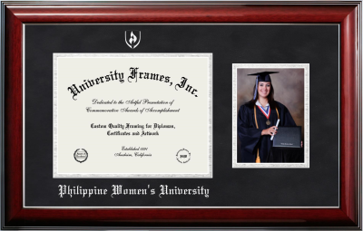Philippine Women' University Diploma with 5 x 7 Portrait Frame in Classic Mahogany with Silver Trim with Black & Silver Mats for DOCUMENT: 8 1/2"H X 11"W  