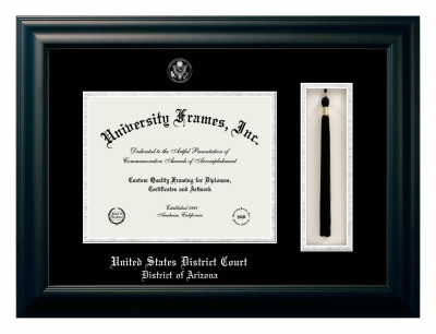 United States District Court District of Arizona Diploma with Tassel Box Frame in Satin Black with Black & Silver Mats for document: 8 1/2"h x 11"w  