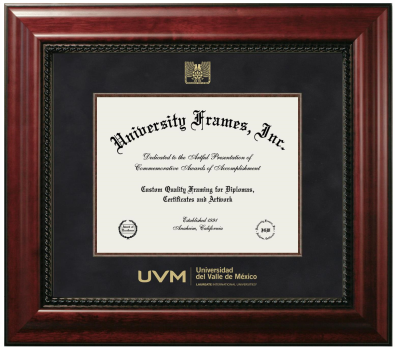 Universidad del Valle del Mexico Diploma Frame in Executive with Mahogany Fillet with Black Suede Mat for DOCUMENT: 8 1/2"H X 11"W  