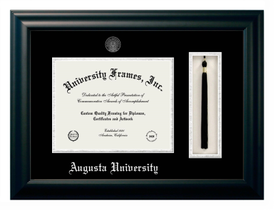 Augusta University Diploma with Tassel Box Frame in Satin Black with Black & Silver Mats for DOCUMENT: 8 1/2"H X 11"W  
