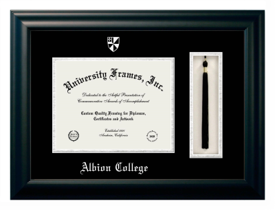 Albion College Diploma with Tassel Box Frame in Satin Black with Black & Silver Mats for DOCUMENT: 8 1/2"H X 11"W  