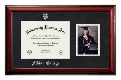 Albion College Diploma with 5 x 7 Portrait Frame in Classic Mahogany with Silver Trim with Black Suede & Silver Mats for DOCUMENT: 8 1/2"H X 11"W  