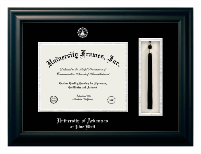 University of Arkansas at Pine Bluff Diploma with Tassel Box Frame in Satin Black with Black & Silver Mats for document: 8 1/2"h x 11"w  