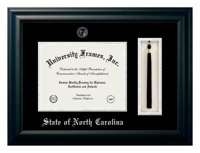 State of North Carolina Diploma with Tassel Box Frame in Satin Black with Black & Silver Mats for document: 8 1/2"h x 11"w  