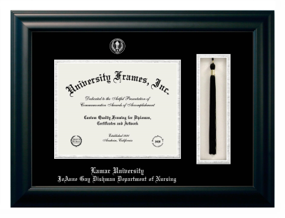 Lamar University JoAnne Gay Dishman Department of Nursing Diploma with Tassel Box Frame in Satin Black with Black & Silver Mats for document: 8 1/2"h x 11"w  