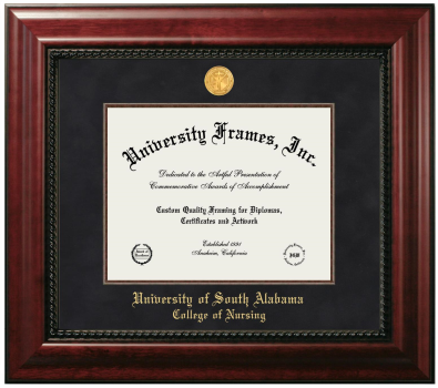 University of South Alabama College of Nursing Diploma Frame in Executive with Mahogany Fillet with Black Suede Mat for document: 8 1/2"h x 11"w  