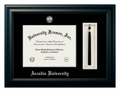 Arcadia University Diploma with Tassel Box Frame in Satin Black with Black & Silver Mats for DOCUMENT: 8 1/2"H X 11"W  