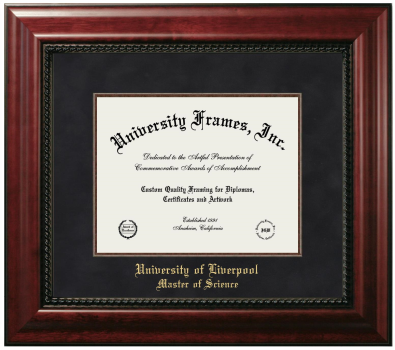 University of Liverpool Master of Science Diploma Frame in Executive with Mahogany Fillet with Black Suede Mat for document: 8 1/2"h x 11"w  