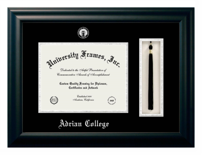 Adrian College Diploma with Tassel Box Frame in Satin Black with Black & Silver Mats for DOCUMENT: 8 1/2"H X 11"W  