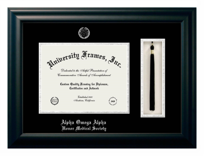 Alpha Omega Alpha Honor Medical Society Diploma with Tassel Box Frame in Satin Black with Black & Silver Mats for document: 8 1/2"h x 11"w  