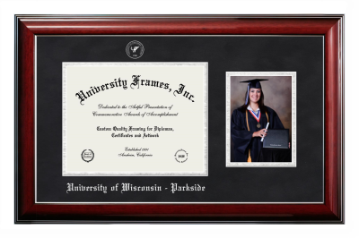 University of Wisconsin - Parkside Diploma with 5 x 7 Portrait Frame in Classic Mahogany with Silver Trim with Black Suede & Silver Mats for document: 8 1/2"h x 11"w  