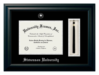 Stevenson University Diploma with Tassel Box Frame in Satin Black with Black & Silver Mats for document: 8 1/2"h x 11"w  