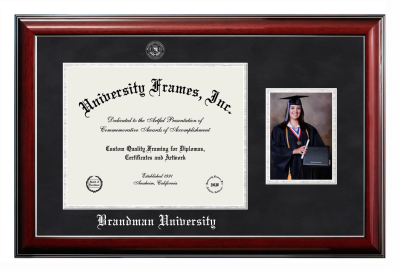 Brandman University Diploma with 5 x 7 Portrait Frame in Classic Mahogany with Silver Trim with Black Suede & Silver Mats for document: 11"h x 14"w  