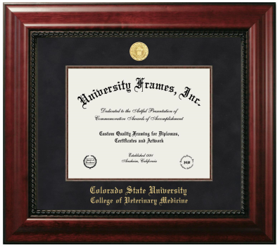 Colorado State University College of Veterinary Medicine Diploma Frame in Executive with Mahogany Fillet with Black Suede Mat for document: 8 1/2"h x 11"w  