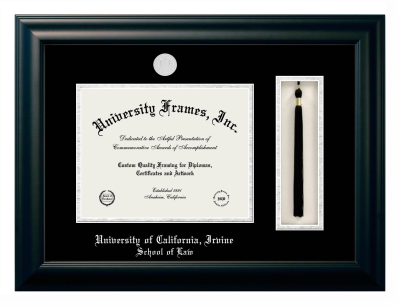 University of California Irvine School of Law Diploma with Tassel Box Frame in Satin Black with Black & Silver Mats for document: 8 1/2"h x 11"w  