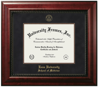 Ross University School of Medicine Diploma Frame in Executive with Mahogany Fillet with Black Suede Mat for document: 8 1/2"h x 11"w  