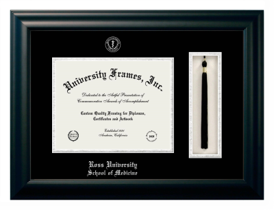Ross University School of Medicine Diploma with Tassel Box Frame in Satin Black with Black & Silver Mats for document: 8 1/2"h x 11"w  