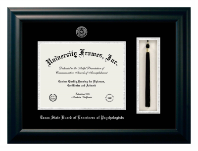 Texas State Board of Examiners of Psychologists Diploma with Tassel Box Frame in Satin Black with Black & Silver Mats for document: 8 1/2"h x 11"w  