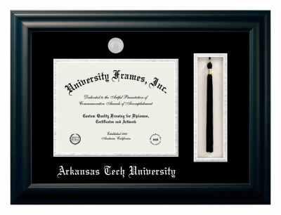Arkansas Tech University Diploma with Tassel Box Frame in Satin Black with Black & Silver Mats for document: 8 1/2"h x 11"w  