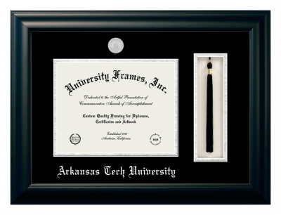 Arkansas Tech University Diploma with Tassel Box Frame in Satin Black with Black & Silver Mats for DOCUMENT: 8 1/2"H X 11"W  