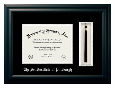 Art Institute of Pittsburgh Diploma with Tassel Box Frame in Satin Black with Black & Silver Mats for DOCUMENT: 8 1/2"H X 11"W  
