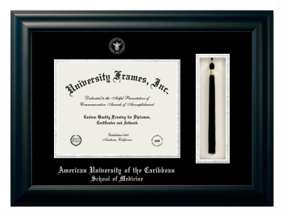 American University of the Caribbean School of Medicine Diploma with Tassel Box Frame in Satin Black with Black & Silver Mats for DOCUMENT: 8 1/2"H X 11"W  