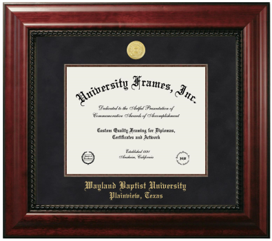 Wayland Baptist University Plainview, Texas Diploma Frame in Executive with Mahogany Fillet with Black Suede Mat for DOCUMENT: 8 1/2"H X 11"W  