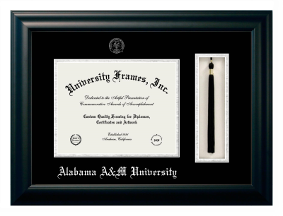 Alabama A&M University Diploma with Tassel Box Frame in Satin Black with Black & Silver Mats for document: 8 1/2"h x 11"w  