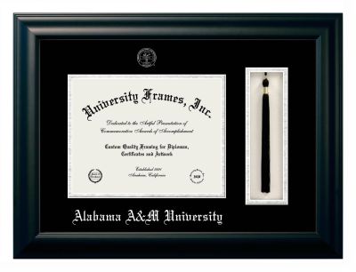 Alabama A&M University Diploma with Tassel Box Frame in Satin Black with Black & Silver Mats for DOCUMENT: 8 1/2"H X 11"W  