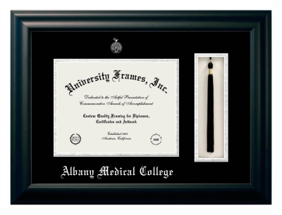 Albany Medical College Diploma with Tassel Box Frame in Satin Black with Black & Silver Mats for DOCUMENT: 8 1/2"H X 11"W  