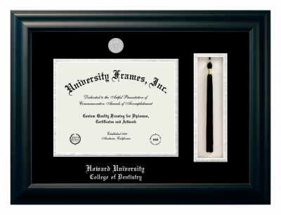 Howard University College of Dentistry Diploma with Tassel Box Frame in Satin Black with Black & Silver Mats for document: 8 1/2"h x 11"w  