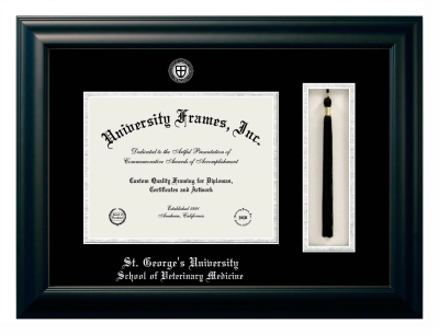 St. George's University School of Veterinary Medicine Diploma with Tassel Box Frame in Satin Black with Black & Silver Mats for document: 8 1/2"h x 11"w  