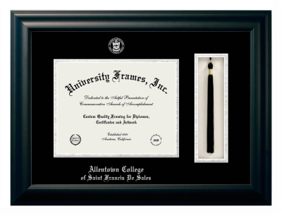 Allentown College of Saint Francis De Sales Diploma with Tassel Box Frame in Satin Black with Black & Silver Mats for DOCUMENT: 8 1/2"H X 11"W  