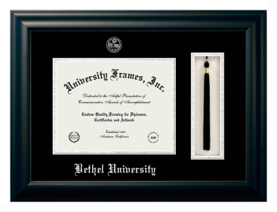 Bethel University (Tennessee) Diploma with Tassel Box Frame in Satin Black with Black & Silver Mats for document: 8 1/2"h x 11"w  