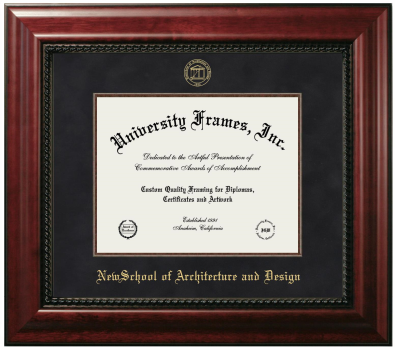 NewSchool of Architecture and Design Diploma Frame in Executive with Mahogany Fillet with Black Suede Mat for DOCUMENT: 8 1/2"H X 11"W  