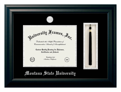 Montana State University Diploma with Tassel Box Frame in Satin Black with Black & Silver Mats for document: 8 1/2"h x 11"w  