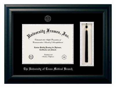 The University of Texas Medical Branch Diploma with Tassel Box Frame in Satin Black with Black & Silver Mats for  8 1/2"h x 11"w  