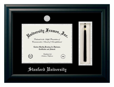Stanford University Diploma with Tassel Box Frame in Satin Black with Black & Silver Mats for  8 1/2"h x 11"w  