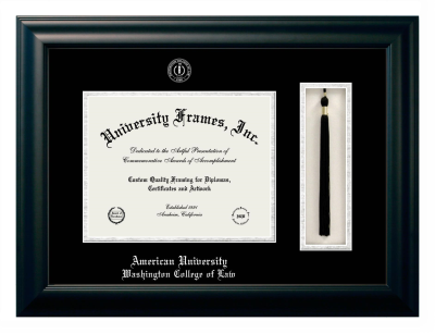 American University Washington College of Law Diploma with Tassel Box Frame in Satin Black with Black & Silver Mats for DOCUMENT: 8 1/2"H X 11"W  