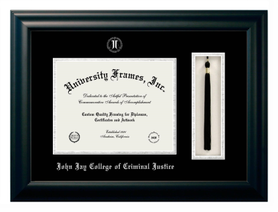 John Jay College of Criminal Justice Diploma with Tassel Box Frame in Satin Black with Black & Silver Mats for DOCUMENT: 8 1/2"H X 11"W  