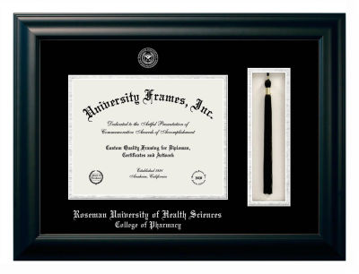 Roseman University of Health Sciences College of Pharmacy Diploma with Tassel Box Frame in Satin Black with Black & Silver Mats for DOCUMENT: 8 1/2"H X 11"W  