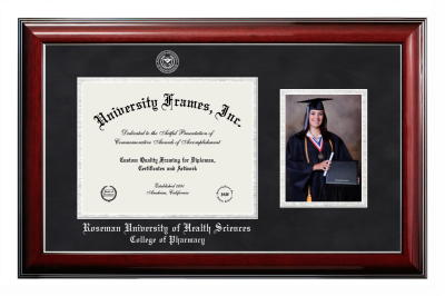 Roseman University of Health Sciences College of Pharmacy Diploma with 5 x 7 Portrait Frame in Classic Mahogany with Silver Trim with Black & Silver Mats for DOCUMENT: 8 1/2"H X 11"W  