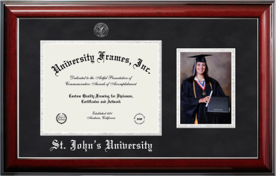 St. John's University (New York) Diploma with 5 x 7 Portrait Frame in Classic Mahogany with Silver Trim with Black Suede & Silver Mats for document: 8 1/2"h x 11"w  