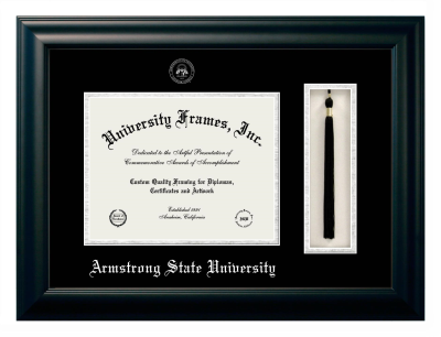 Armstrong State University Diploma with Tassel Box Frame in Satin Black with Black & Silver Mats for DOCUMENT: 8 1/2"H X 11"W  