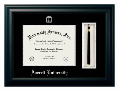 Averett University Diploma with Tassel Box Frame in Satin Black with Black & Silver Mats for DOCUMENT: 8 1/2"H X 11"W  