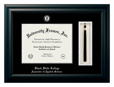 Stark State College Associate of Applied Science Diploma with Tassel Box Frame in Satin Black with Black & Silver Mats for document: 8 1/2"h x 11"w  