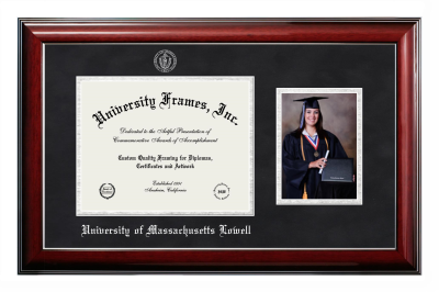 University of Massachusetts Lowell Diploma with 5 x 7 Portrait Frame in Classic Mahogany with Silver Trim with Black & Silver Mats for DOCUMENT: 8 1/2"H X 11"W  